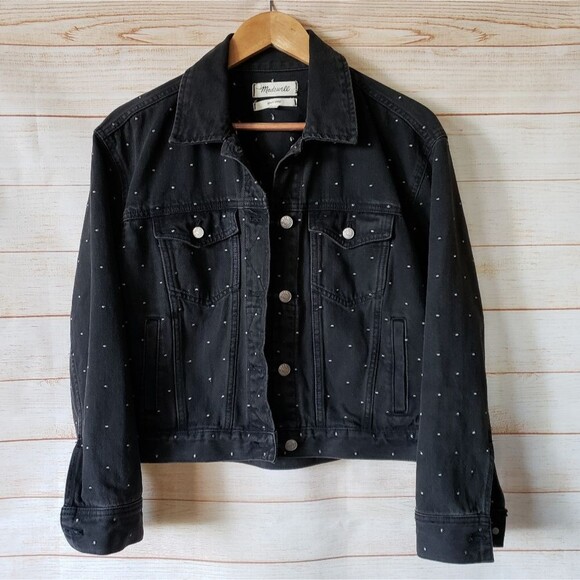 Madewell The Boxy Crop Black Denim Jean Jacket Metallic Dot Edition Women's XS - Picture 6 of 13